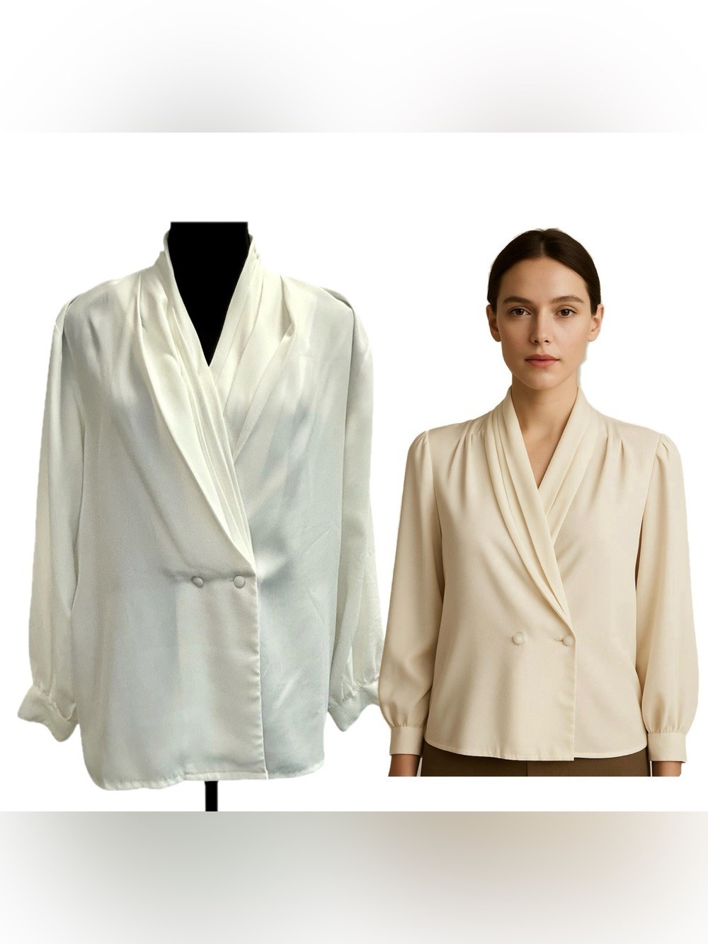 Vintage Ivory White Draped Double-Breasted Satin Blouse 12